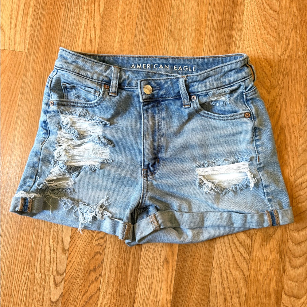 American Eagle Outfitters Criss Cross Mom Shorts with Distressed Details